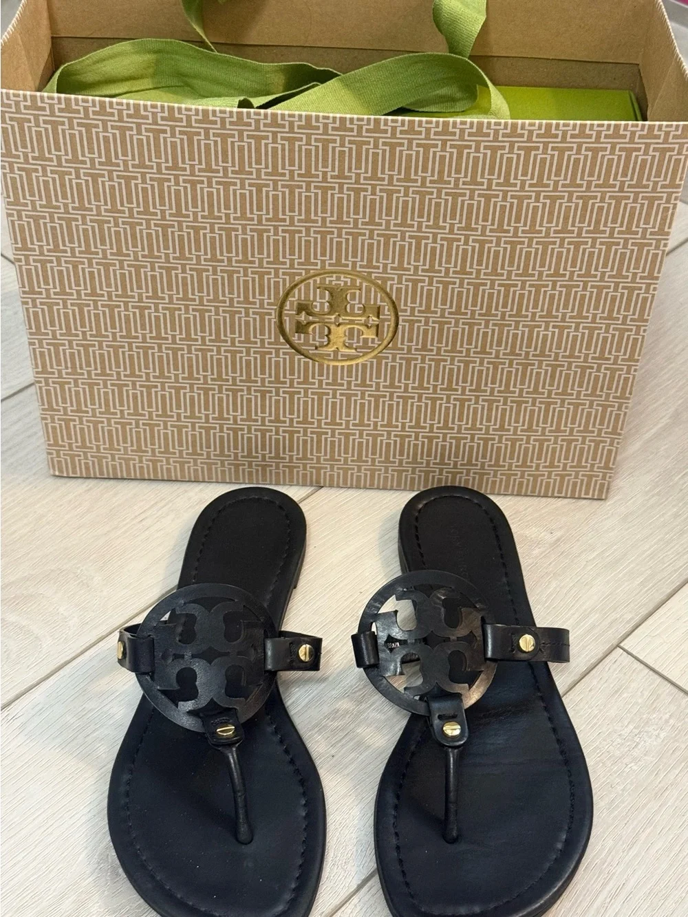 Tory Burch Black Leather Logo Thong Sandal with Gold Accents